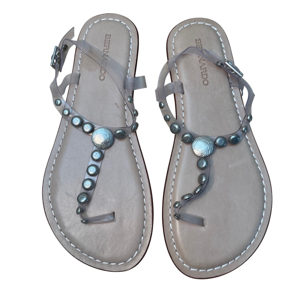 Bernardo Bauble Clear Studded Jelly Thong Sandals Silver Medallion Beige 9M